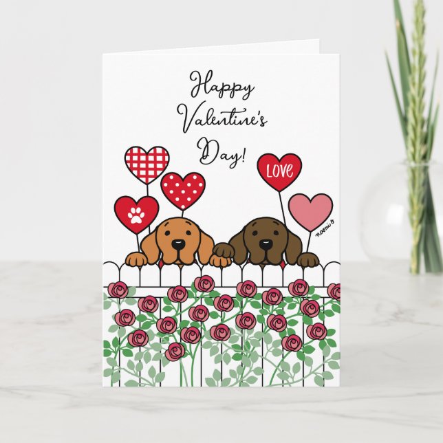 Two Labradors Watching Cartoon Roses Valentine Holiday Card (Front)
