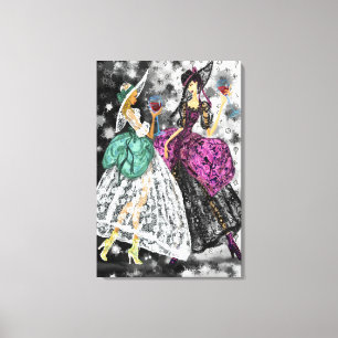 Two Ladies In Black and White Modern Lace Dresses Canvas Print