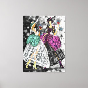 Two Ladies In Black and White Modern Lace Dresses  Canvas Print
