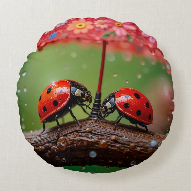 Two Ladybugs Sharing A Raindrop For Cosy Decor 🐞 Round Cushion (Front)