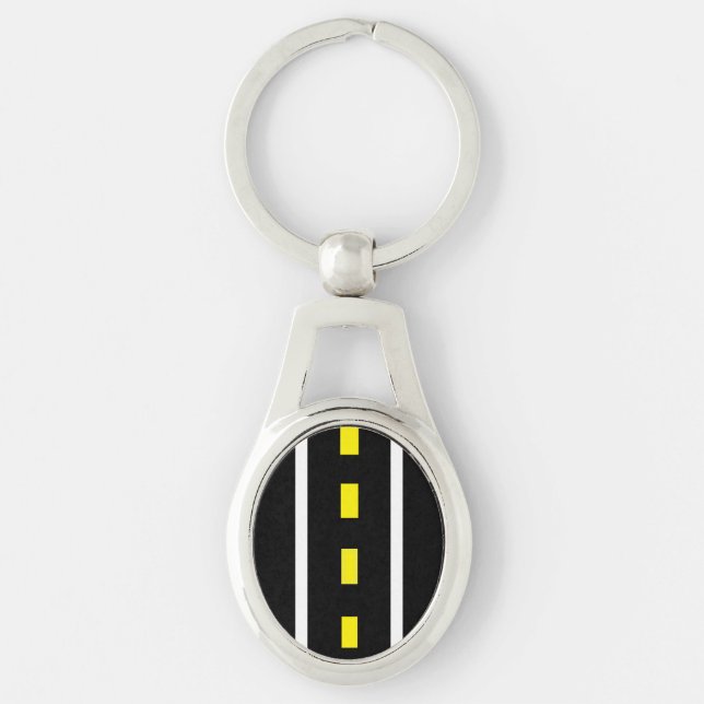 Two Lane Road Oval Keychain (Black, White & Yellow (Front)