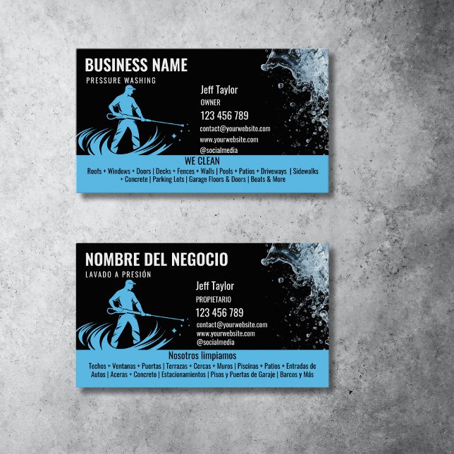 Two Languages Pressure Washing Power Washing Roof Business Card (spanish and english bilingual power washing business cards, black and blue)