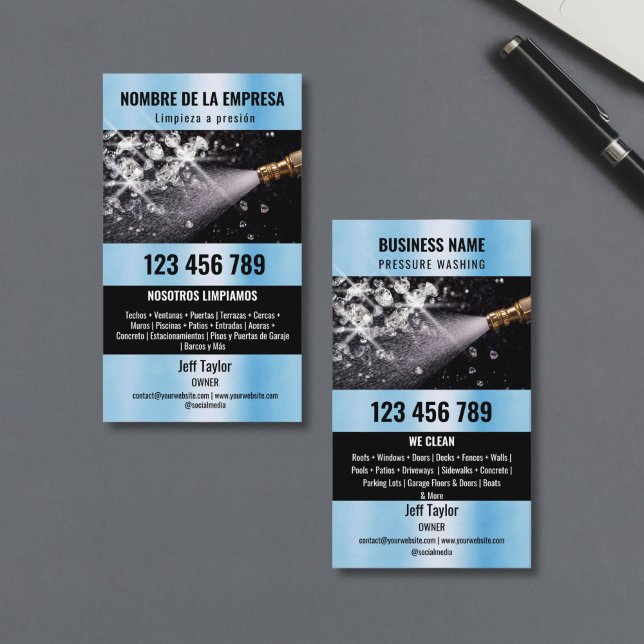 Two Languages Pressure Washing Power Washing Roof Business Card (wash pressure machine with diamonds in the water splash)