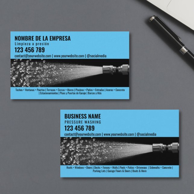 Two Languages Pressure Washing Power Washing Roof Business Card (A water hose spraying out diamonds instead of water, against a black background, high-resolution pho)