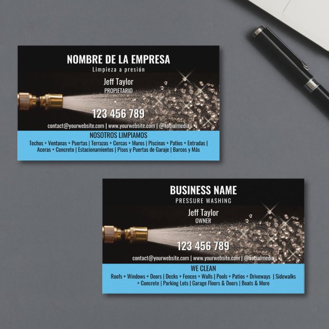 Two Languages Pressure Washing Power Washing Roof Business Card (A water hose spraying out diamonds instead of water, against a black background, high-resolution pho)