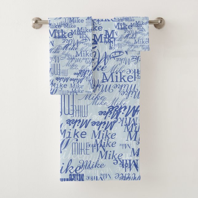 Two Layers (2-tone of blue) Stamped Names all-over Bath Towel Set (Insitu)
