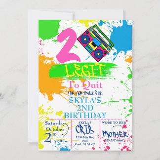 TWO LEGIT TO QUIT 2nd Birthday Colourful Invitatio Invitation