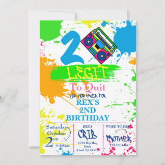 TWO LEGIT TO QUIT 2nd Birthday Colourful Invitatio Invitation