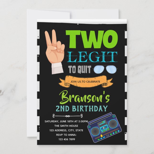 Two legit to quit boy birthday party invitation (Front)