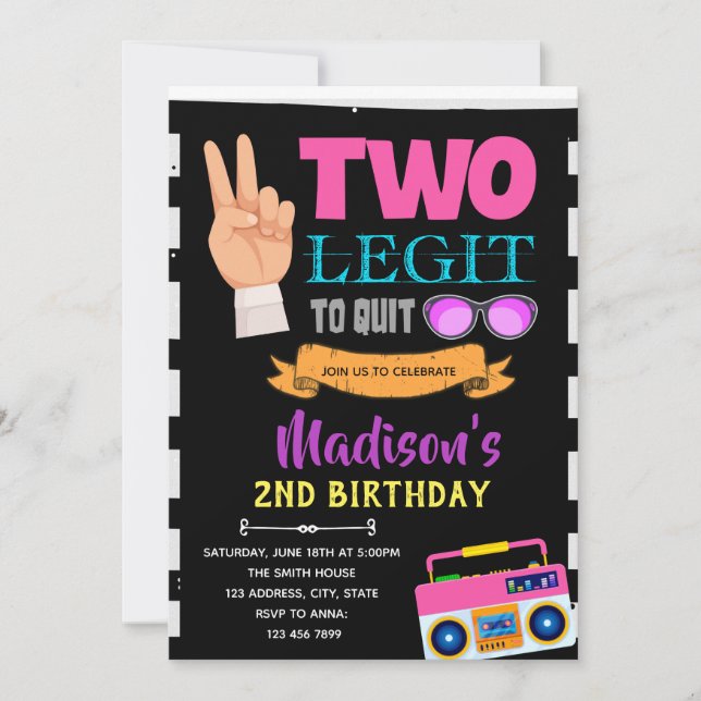 Two legit to quit girl birthday party invitation (Front)
