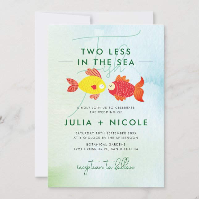 Two Less Fish in Blue Sea Underwater Wedding Invitation (Front)
