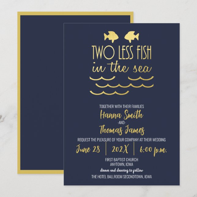 Two Less Fish in the Sea Navy Gold Elegant Wedding Invitation (Front/Back)