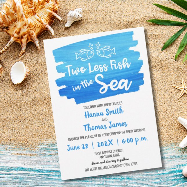 Two Less Fish in the Sea Watercolor Wedding Invitation (two less fish in the sea watercolor cartoon whimsical)