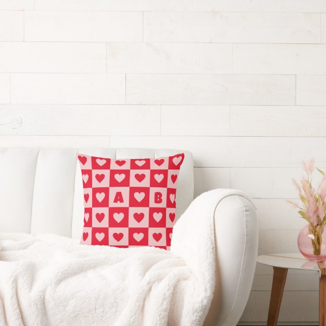 Two Letter Red and Pink Hearts Chequerboard Cushion (Couch)
