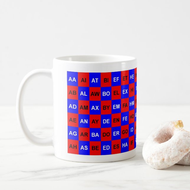 Two Letter words Red Blue US American English Coffee Mug (With Donut)
