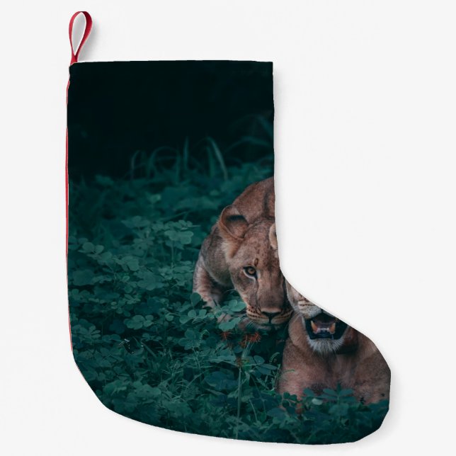 TWO LIONESS ON GREEN PLANTS SMALL CHRISTMAS STOCKING (Front)