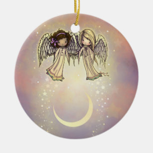 Two Little Angels on a Twinkling Night Art Ceramic Tree Decoration