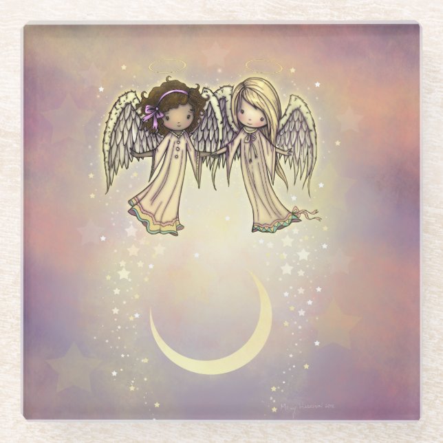 Two Little Angels on a Twinkling Night Art Glass Coaster (Front)