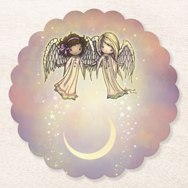 Two Little Angels on a Twinkling Night Art Paper Coaster (Front)