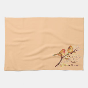 Two Little Bird Sparrows Peach Brown Rustic Nature Tea Towel