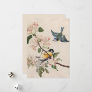 Two little birds near a branch of apple blossoms,  holiday card