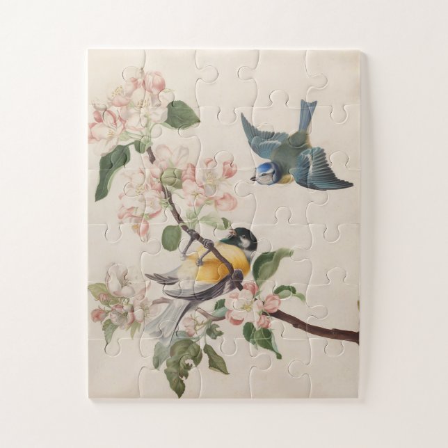 Two little birds near a branch of apple blossoms,  jigsaw puzzle (Vertical)