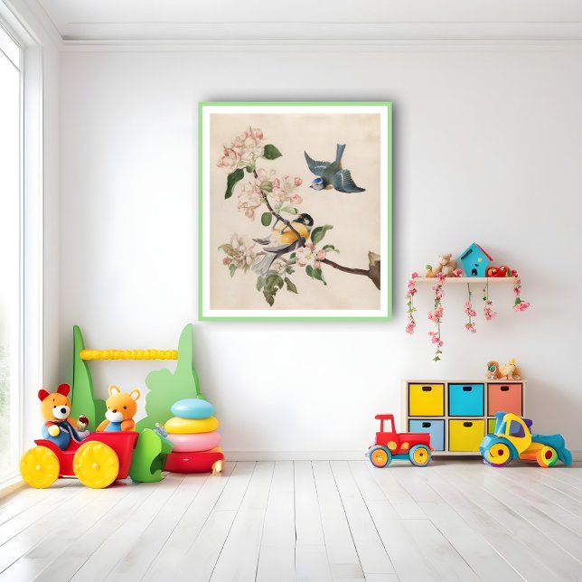 Two little birds near a branch of apple blossoms,  poster (Creator Uploaded)