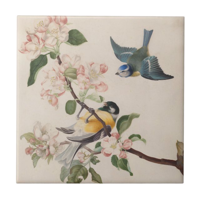 Two little birds near a branch of apple blossoms,  tile (Front)