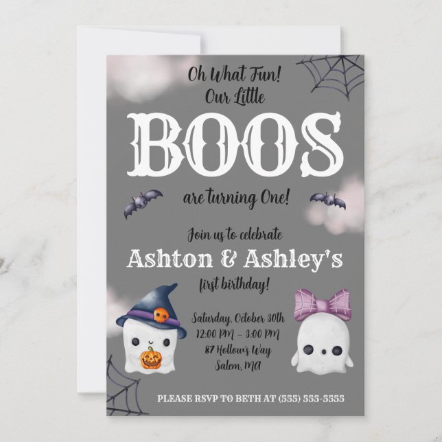 Two Little BOOS are turning 1!  Ghost 1st Birthday Invitation (Front)