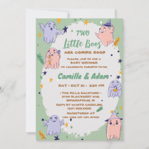 Two little boos boy, girl halloween baby shower invitation