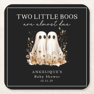 Two Little Boos Ghosts Wildflower Baby Shower Square Paper Coaster