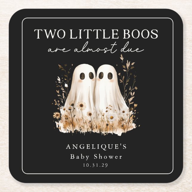 Two Little Boos Ghosts Wildflower Baby Shower  Square Paper Coaster (Front)