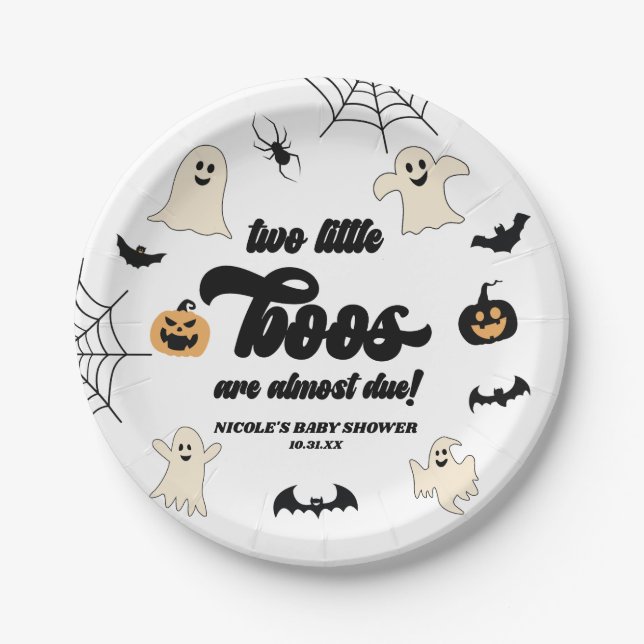 Two Little Boos Twins Halloween Baby Shower Paper Plate (Front)