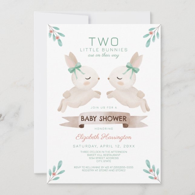 Two Little Bunnies Bunny Twin Baby Shower Invitation (Front)