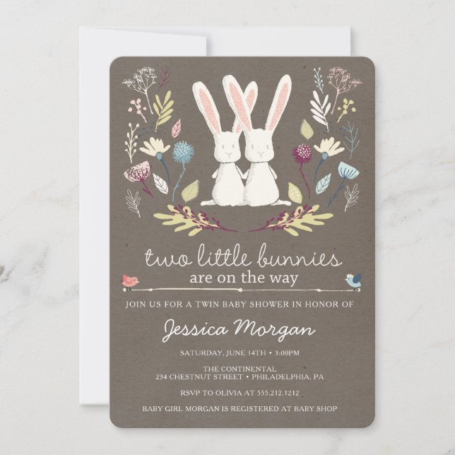 Two Little Bunnies Twin Baby Shower Invitation (Front)