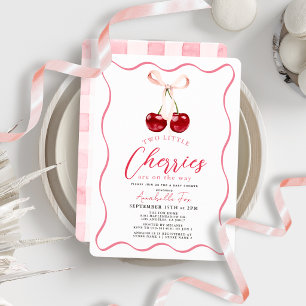 Two Little Cherries Ribbon Gingham Baby Shower Invitation