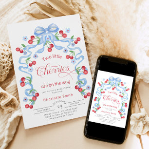 Two little cherries Twins Blue bow baby shower Invitation