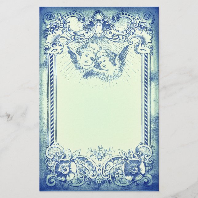 Two Little Christmas Angels with Blue Border Stationery (Front)