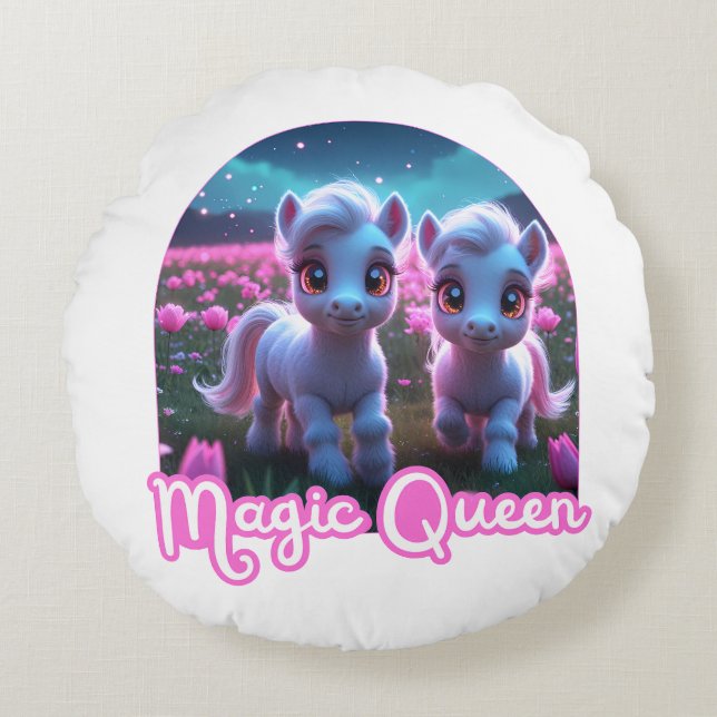 Two little cute ponies — Magic Queen Round Cushion (Front)