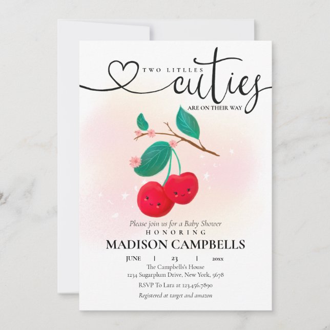 Two Little Cuties Are On The Way Cherry Invitation (Front)