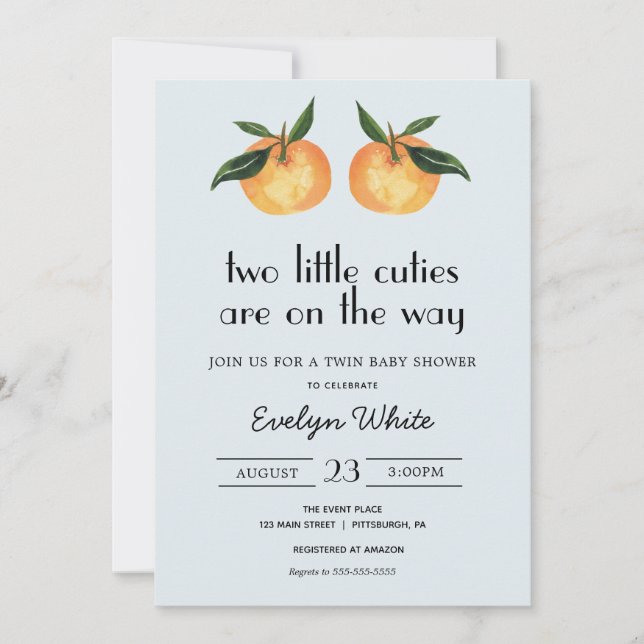 Two Little Cuties Are On the Way Twin Baby Shower Invitation (Front)