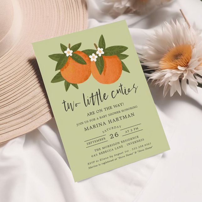 Two Little Cuties Orange Twin Baby Shower Green Invitation (Creator Uploaded)