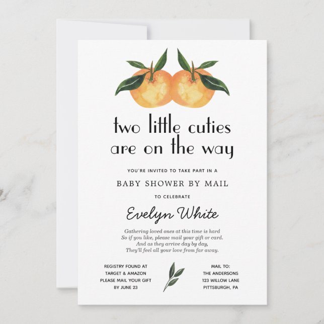 Two Little Cuties Twin Baby Shower by Mail Invitation (Front)