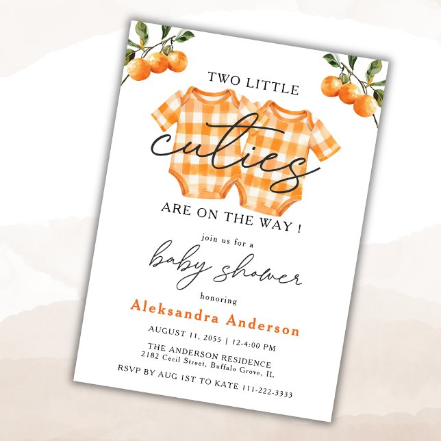 Two Little Cuties Twin Orange Bodysuit Baby Shower Invitation (Creator Uploaded)