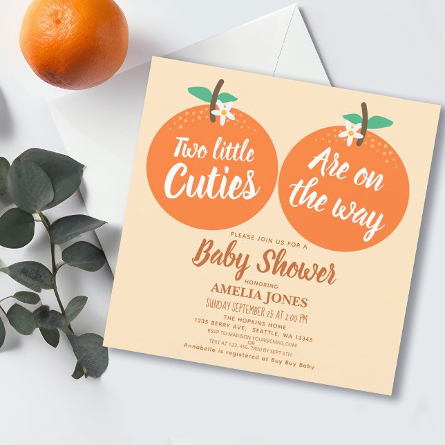Two Little Cuties Twins Baby Shower Orange  Invitation (Creator Uploaded)