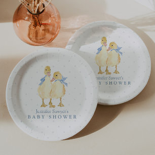 Two Little Ducklings Classic Boy Twins Baby Shower Paper Plate