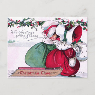 Two Little Girls pulling a Christmas Sled Holiday Postcard