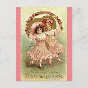Two Little Girls Skipping Vintage Valentine Postcard