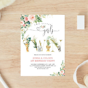 Two Little Girls TWIN Floral Animals Birthday Invitation