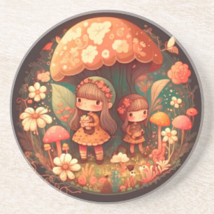Two little girls under the mushroom brown decor coaster